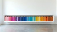 Colorful books arranged by rainbow spectrum on white floating shelf against minimalist wall creating organized library display for interior design and education.