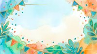Watercolor celebration background with colorful bunting flags, confetti dots, and tropical foliage in turquoise and orange tones, isolated on white for event design use.