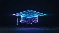 Digital graduation cap made of glowing blue wireframe network on dark background representing online education and academic achievement in technology.