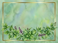 Watercolor botanical border with green foliage and purple flowers on soft pastel background, isolated design element for invitations, cards, and decorative projects.
