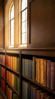 Classic library interior with wooden bookshelves filled with vintage books and arched windows casting warm natural light for academic research environments.