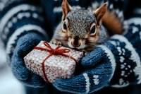 Adorable squirrel in cozy winter sweater holding wrapped gift box with red ribbon, holiday season celebration concept for greeting cards and festive designs.