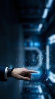 Businessman hand touching futuristic holographic interface with glowing blue digital elements and data visualization in modern office environment.
