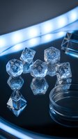 Clear crystal dice set with geometric shapes on reflective surface under blue LED lighting for tabletop gaming and entertainment.