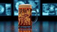 Golden beer mug with foam head on reflective surface against blurred blue medical screens background for healthcare hospitality concepts.