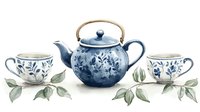 Watercolor tea set with blue floral pattern teapot and cups decorated with delicate leaves and botanical elements on white background.