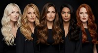 Five diverse women with different hair colors and styles showcasing professional beauty looks against dark background for salon and cosmetic marketing.
