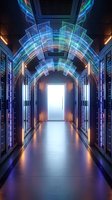 Futuristic data center corridor with glowing holographic arches and server racks leading to bright exit door for technology and digital infrastructure concepts.