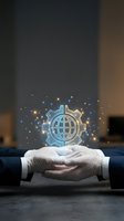 Businessman hands holding glowing digital globe gear icon with sparkling lights representing global technology innovation and business solutions.