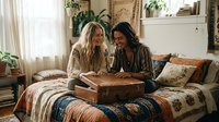 Young women with long hair examining vintage leather suitcase on bed in bohemian bedroom with plants, natural light, and eclectic decor. Perfect for lifestyle, travel, friendship, and home design content.