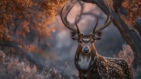 Majestic deer with large antlers standing in autumn forest with orange foliage, creating dramatic wildlife scene in natural habitat during golden hour.