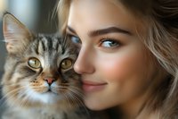 Young Caucasian woman with blue eyes and blonde hair smiling while cuddling with striped tabby cat. Close-up portrait showing emotional connection between pet owner and feline companion.