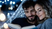 Young romantic couple reading book together under umbrella at night with bokeh lights and snowfall creating magical winter atmosphere.