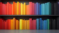 Colorful books arranged in rainbow spectrum order on dark wooden shelves create vibrant gradient pattern, modern library interior design element.