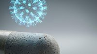 Microscopic virus particle with spike proteins floating above textured spherical surface against neutral background, suitable for medical, scientific, and educational presentations.