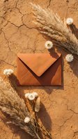 Orange envelope on cracked earth with dried pampas grass and white flowers creating rustic autumn composition for wedding invitations and stationery design.