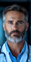 Close-up portrait of mature medical professional with gray beard and striking blue eyes wearing white coat and stethoscope against dark background.