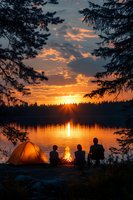 Camping family sits by campfire near illuminated tent at lake during dramatic sunset, with pine trees framing golden sky and water reflections. Forest silhouettes create peaceful scene.
