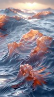 Ethereal ocean waves in golden sunset light creating abstract patterns and textures on water surface, with rippling reflections and flowing liquid forms.