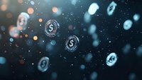 Glowing dollar symbols floating in dark space with bokeh effect and particles create atmospheric financial technology concept background.