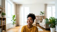 Young woman with dark curly hair and warm smile wearing mustard yellow sweater in bright, plant-filled living room with wooden floors and natural light for lifestyle and home decor content.