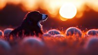Silhouette of dog at sunset with magical bokeh lights and sun glowing in background, creating dreamy atmospheric nature scene with warm orange tones.