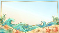 Tropical beach scene with stylized turquoise waves, sandy shore, starfish, seashells, and palm fronds on isolated white background. Perfect for summer designs.