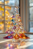 Crystal glass Christmas tree decoration with colorful rainbow reflections catching sunlight through window, creating magical holiday atmosphere and prismatic effects.