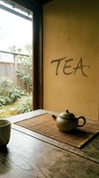 Rustic clay teapot on bamboo mat beside garden window with calligraphy TEA on textured wall, evoking zen Asian tea ceremony atmosphere.