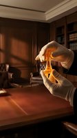 Gloved hands holding amber chess king piece in elegant wood-paneled library study room with warm lighting for strategic business concepts.