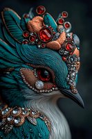 Ornate fantasy bird with copper and turquoise feathers adorned with red gemstones and crystals in dramatic lighting against dark background. Artistic jewelry design.