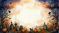 Halloween spooky frame with pumpkins, tombstones, bare trees, flying bats and black cats on orange sunset background for seasonal design projects.