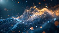 Abstract digital wave formation with glowing blue and gold particles flowing in dynamic motion against dark background, creating luminous energy effect.