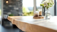 Rustic wooden table edge with soft focus background featuring white hydrangea flowers in glass jar, natural light streaming through window creates cozy atmosphere.
