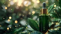 Green glass dropper bottle with serum among wet leaves and golden bokeh lights, luxury cosmetic product photography with magical glowing effect and water drops.