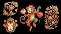 Colorful Chinese New Year monkey set isolated on transparent background, featuring festive lantern, peach, mask, and 2028 zodiac clipart for stickers, sublimation, t-shirt design.