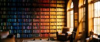 Majestic library interior with towering rainbow-colored bookshelves bathed in warm golden sunlight streaming through arched windows creating cozy reading atmosphere.