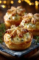 Savory mini tarts with creamy cheese filling and walnut flower decoration on top, served on rustic wooden board with herbs and festive bokeh background.