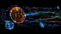 Golden cryptocurrency coin with glowing digital market data and trading charts in dark blue background. Financial technology concept for digital assets.