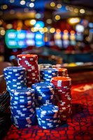 Stacks of red and blue poker chips on casino table with blurred bokeh lights in background, creating atmospheric gambling environment. Suitable for gaming concepts.
