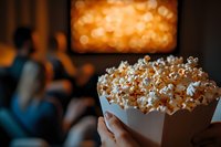 Fresh popcorn in paper box with blurred movie theater screen and audience in background, perfect for entertainment and cinema concepts.