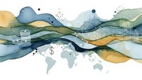 Abstract watercolor landscape with flowing organic shapes in blue green and gold tones featuring world map and financial symbols for business presentations.