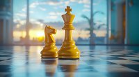 White chess king and knight pieces on reflective chessboard against sunset sky with palm trees silhouette through window, strategic business concept.