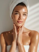 Young woman with white towel on head touching face after shower with glowing wet skin in bathroom light for skincare and wellness routine.