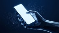 Hands holding smartphone with blank white screen against dark blue background with digital circuit patterns for mobile app mockup and technology presentations.
