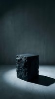 Dark stone cube podium with rough textured surface on concrete floor against moody wall background for luxury product display and branding presentations.