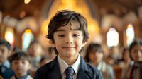 Young Hispanic boy in navy suit smiling at church service with stained glass windows and congregation in soft bokeh background. Authentic portrait captures innocence and faith.