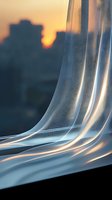 Flowing white sheer curtain catching sunset light creates elegant curves and waves against dark silhouetted cityscape background, capturing serene evening atmosphere.