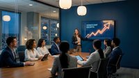 Professional businesswoman presenting financial growth chart to diverse corporate team in modern conference room with city skyline view during evening meeting.