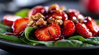 Fresh strawberries with walnuts on spinach leaves, drizzled with honey on black plate. Healthy salad for nutrition, diet, wellness, and food photography.